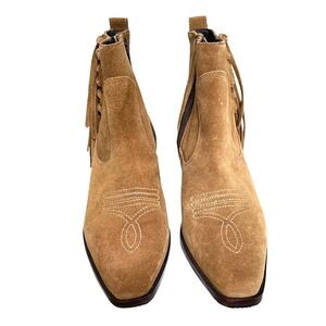 Donald Pliner Suede Western Ankle Boots Fringe Tan 8.5M Zip Booties